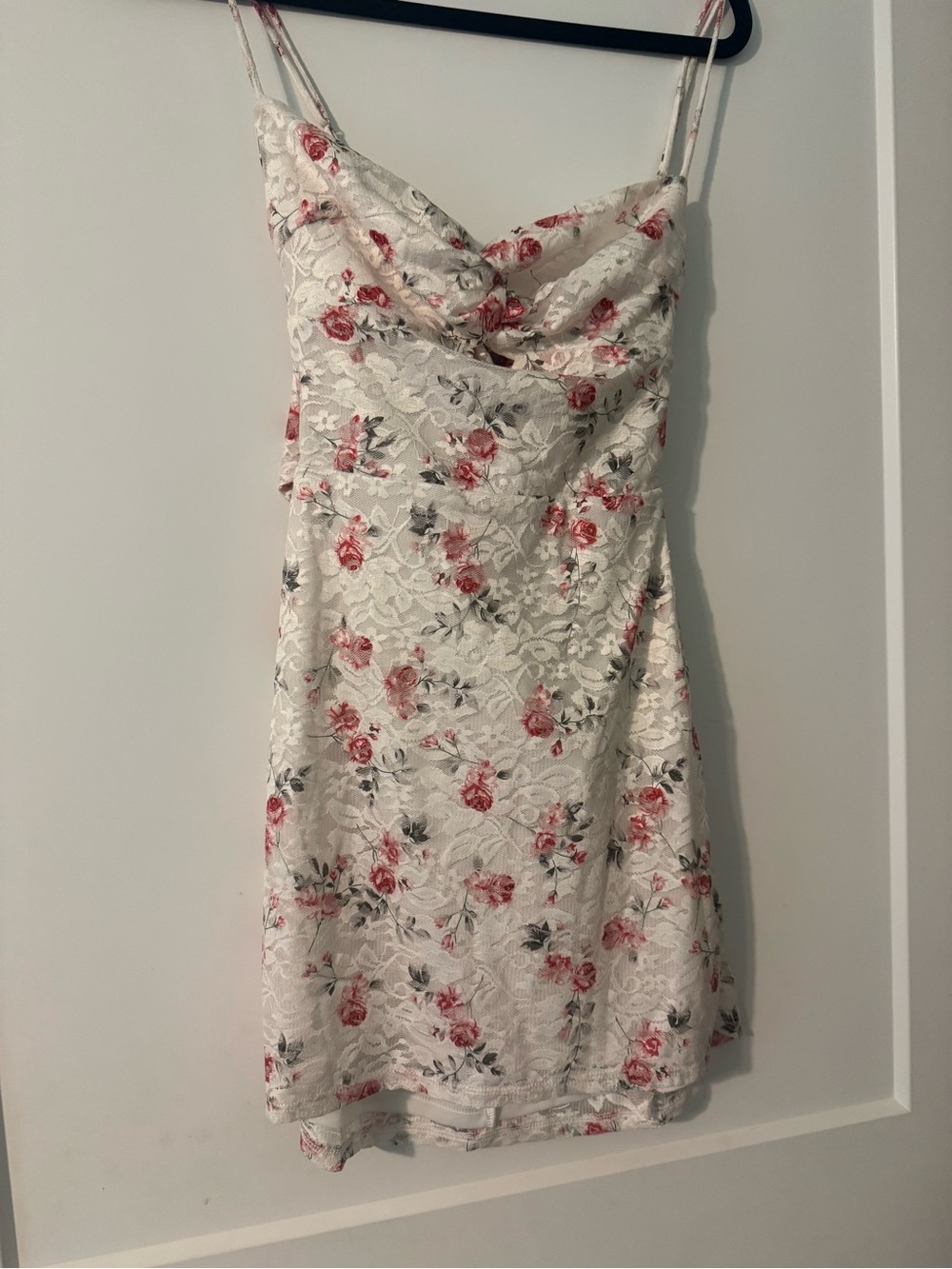 White Floral Lace Slip Dress with Pink Rose Print